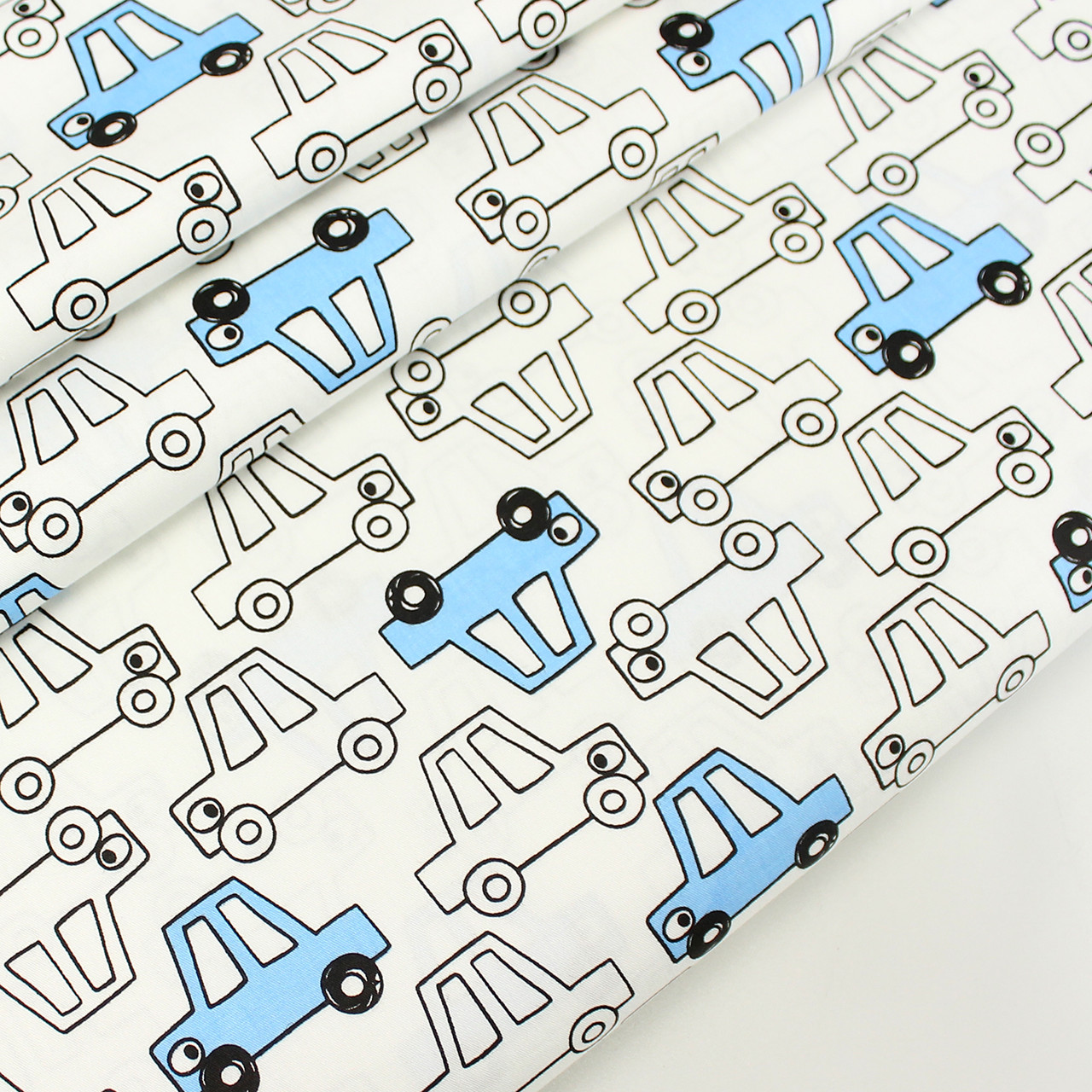 Сатин "Намальовані машинки" блакитні на білому тлі No 160-224 с, фото 1