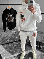 Мужской спортивный костюм с надписями и рисунками (белый) качественный комплект штаны худи с капюшоном soc214