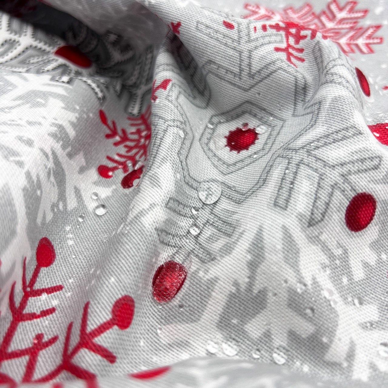 Ткань DUCK "Снежинки белые, красные контурные на сером" - фото 2 - id-p1990736851