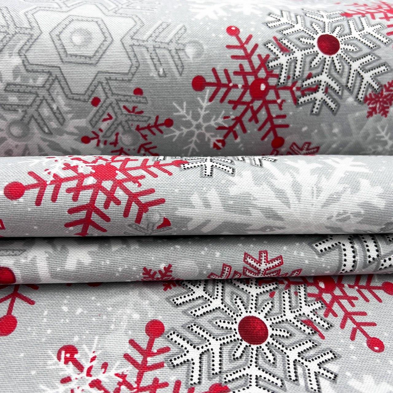 Ткань DUCK "Снежинки белые, красные контурные на сером" - фото 3 - id-p1990736851
