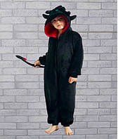 Махровый кигуруми - пижама детский дракон черный, домашний комбинезон для мальчика / девочки