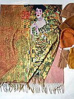 Жіночий Кашеміровий шарф палантин. Картина,, Золота Адель,, Жовтий, коричневий. Двосторонній. Кашемір 190/70