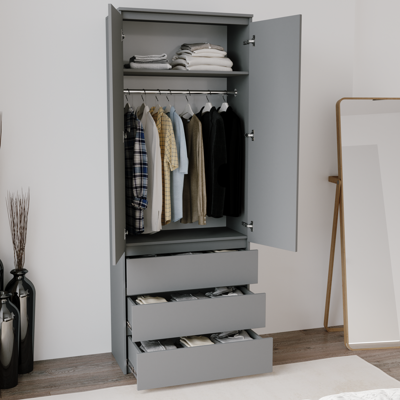 Шафа сіра (антрацит) без ручок зі штангою та 3 ящиками h211*80*50 см, фото 1