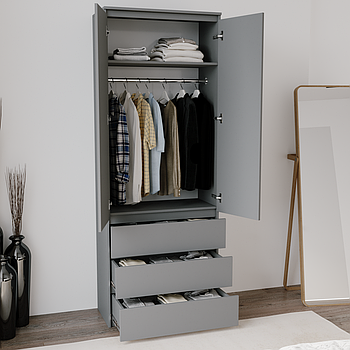 Шафа сіра (антрацит) без ручок зі штангою та 3 ящиками h211*80*50 см