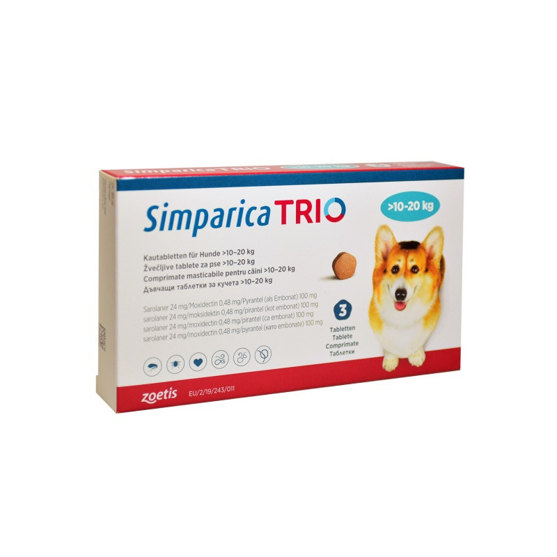 Simparica TRIO 1 таблетка для собак 10 - 20 кг против блох,клещей и ...