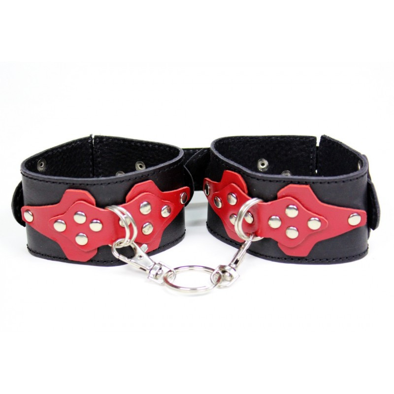 Окови БДСМ із натуральної шкіри чорного кольору з червоними вставками Scappa Кайф, фото 1
