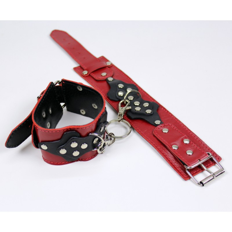Окови БДСМ із натуральної шкіри червоного кольору з чорними вставками Scappa Кайф, фото 1