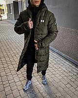 Мужская куртка теплая удлененная с капюшоном, парка длинная зимняя хаки пуховик Under Armour до -30*С