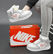 Жіночі зимові кросівки Nike Air Force mid Winter White Grey Pink Найк Аїр Форс сірі з рожевим високі шкіра хутро зима, фото 6
