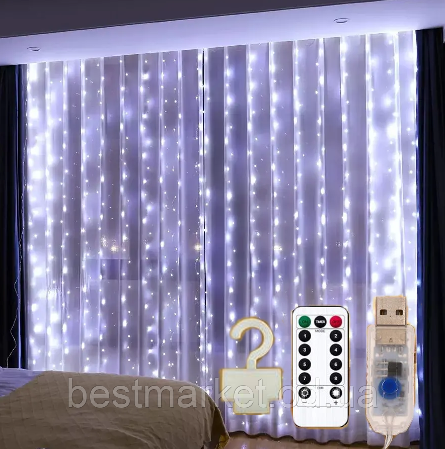 Гірлянда Штора на мідному дроті Крапля Роси 3 х 2 м Холодний Білий від USB + Пульт + Гачки