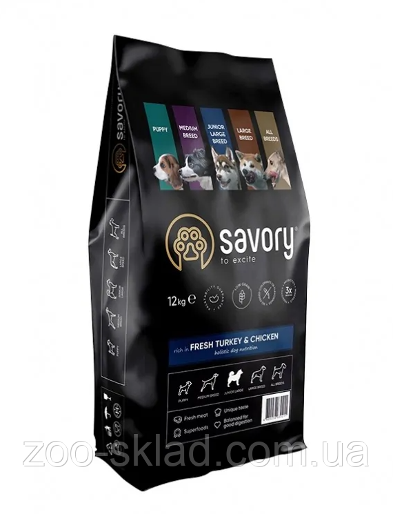 Сухий корм для цуценят великих порід Savory Junior Large rich in Fresh Turkey & Chicken 12 кг