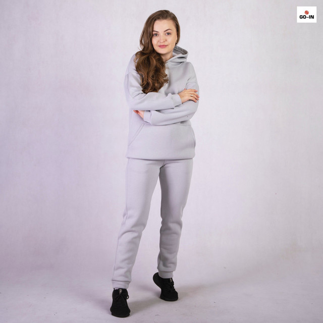 Костюм женский трехнитка теплый с капюшоном однотонный худи серый 42-54