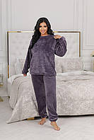 Затишний жіночий домашній махровий костюм — махрова піжама батал (р.42-62). Арт-4821/4 баклажан