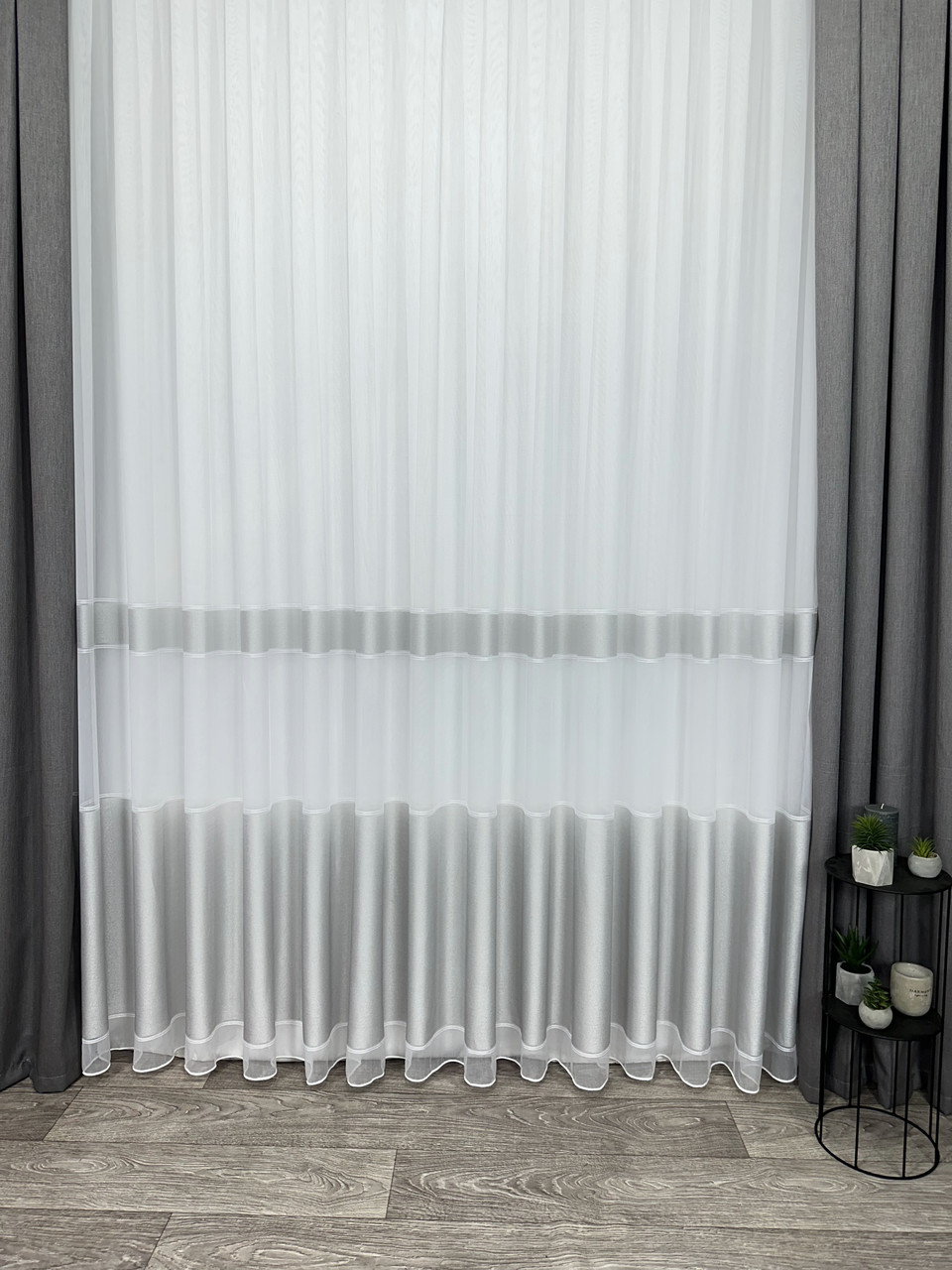 Ціна за 3.4 м! Тюль на бамбуковій основі зі смужками. Колір: світло-сірий, фото 1