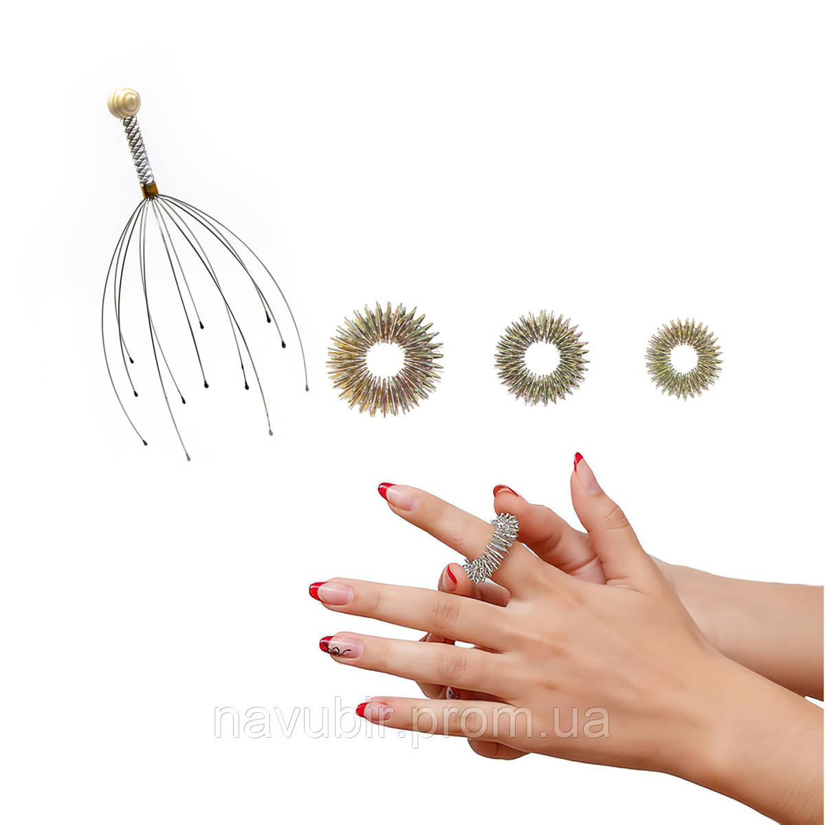 Масажний набір суджок 3 кільця для пальців + "Мурашка", масажне кільце для пальців | масажери пружинні