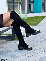 Стильні жіночі ботфорти чорного кольору, трендові високі чоботи, євро зима