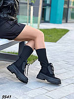 Стильні жіночі чоботи чорного кольору, трендові чоботи з дов'язом та шнурівкою, зима