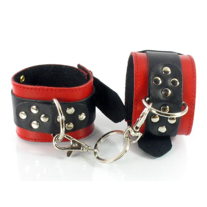 Наручники БДСМ з натуральної шкіри червоного кольору з чорними вставками із заклепками Scappa Кайф, фото 1