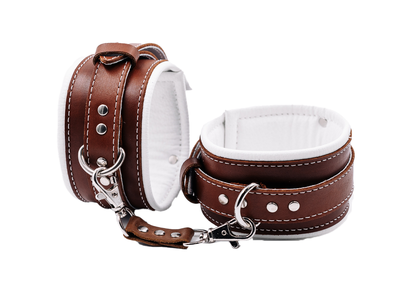 Наручники БДСМ з натуральної шкіри коричневого кольору з білим рядком Scappa Кайф, фото 1