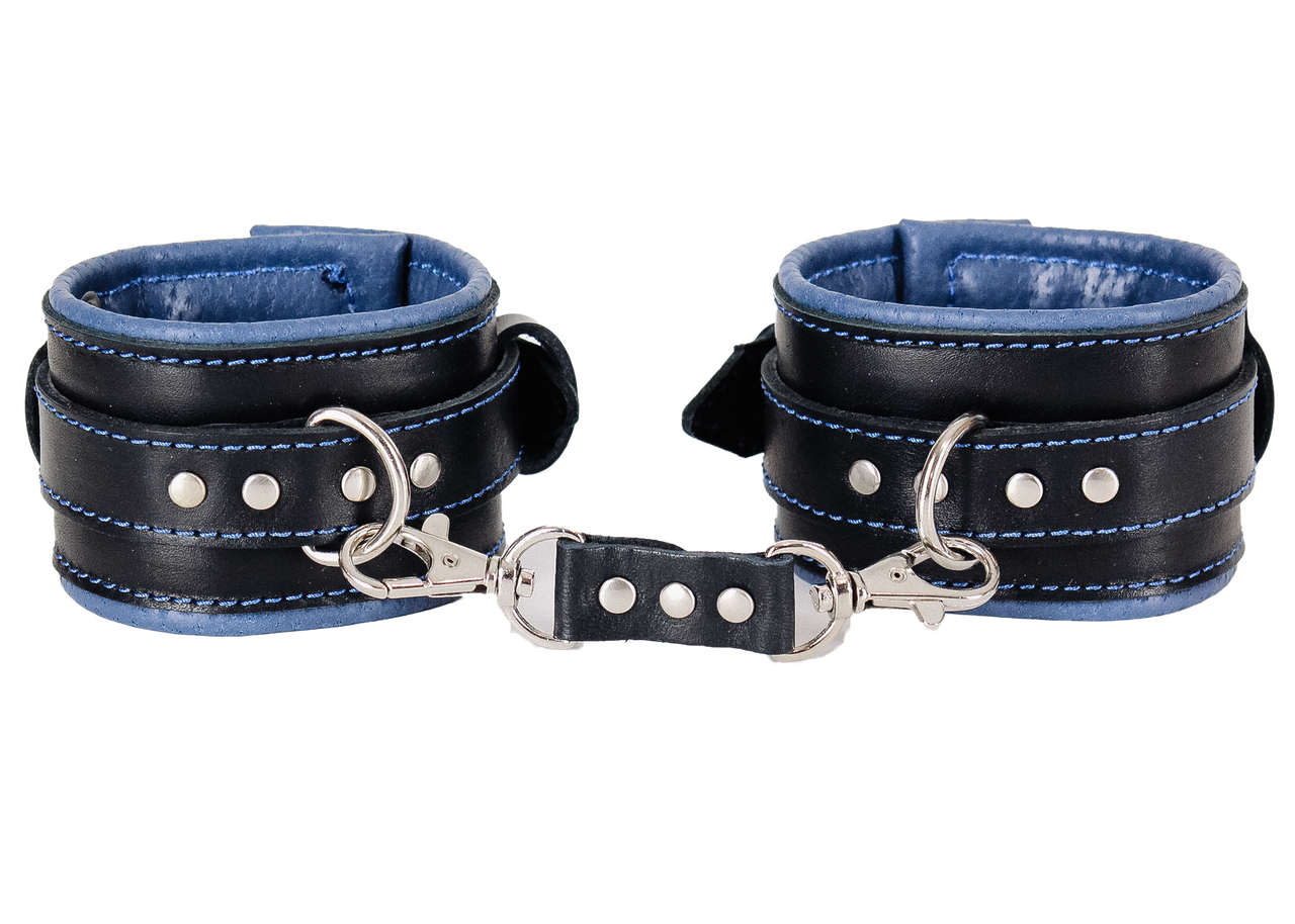 Наручники з карабінами БДСМ із натуральної шкіри чорно синього кольору Scappa Кайф, фото 1