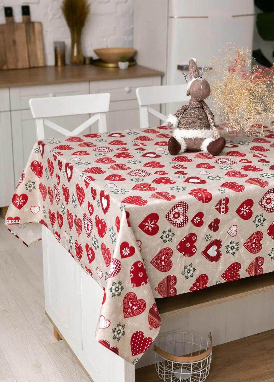 Скатертина новорічна з тефлоновим покриттям 120х180 Сердечки (бежевий)