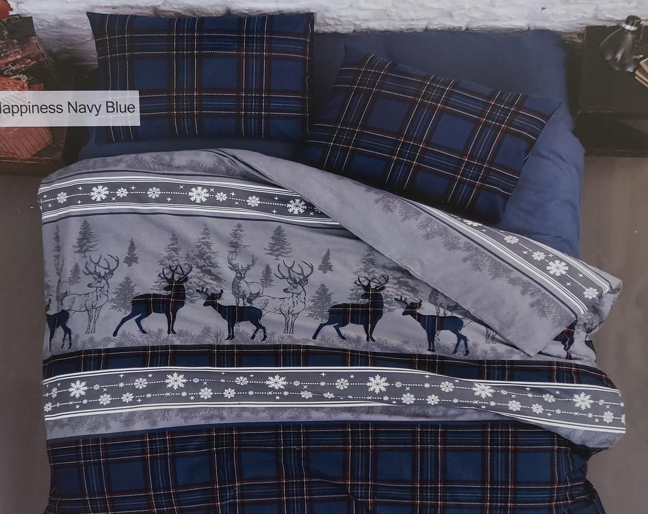 Евро розмір постільна білизна фланель «Happiness Navy Blue», фото 1
