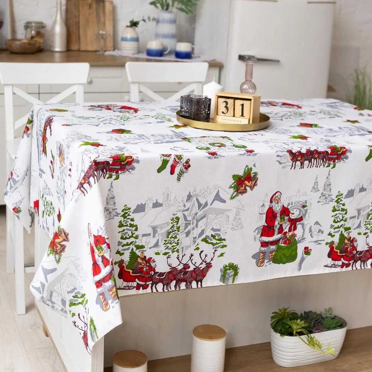 Скатертина новорічна лляна 110х150 см Санта