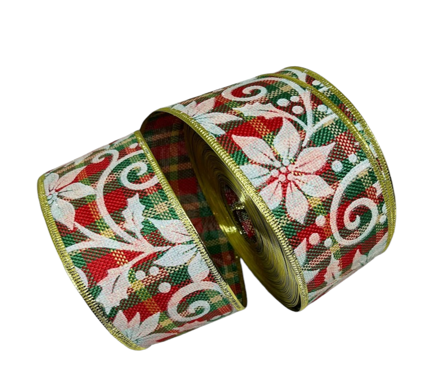 Стрічка Новорічна 6,3 см "Біла пуансетія", (мішковина), метр, Різнокольоровий, фото 1