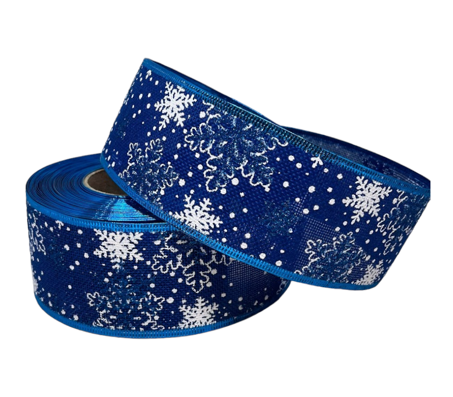 Стрічка новорічна Сніжинка 6,3 см (мішковина, дротяний кант) синя, метр, Синій, фото 1