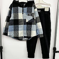 Костюм детский подростковый, кашемировая клетчатая рубашка с капюшоном, штаны велюровые, Голубой, 86-92
