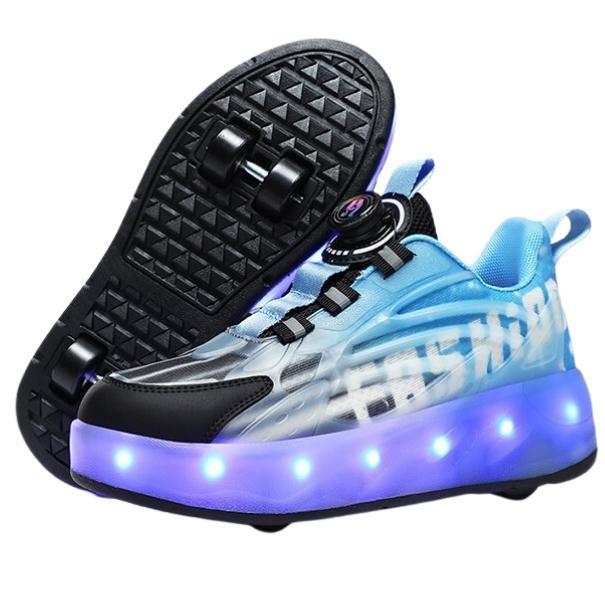 Стильные светящиеся роликовые кроссовки с 4 колесами и USB-зарядкой в черно-синем цвете (RKL-20) - фото 4 - id-p1254417690