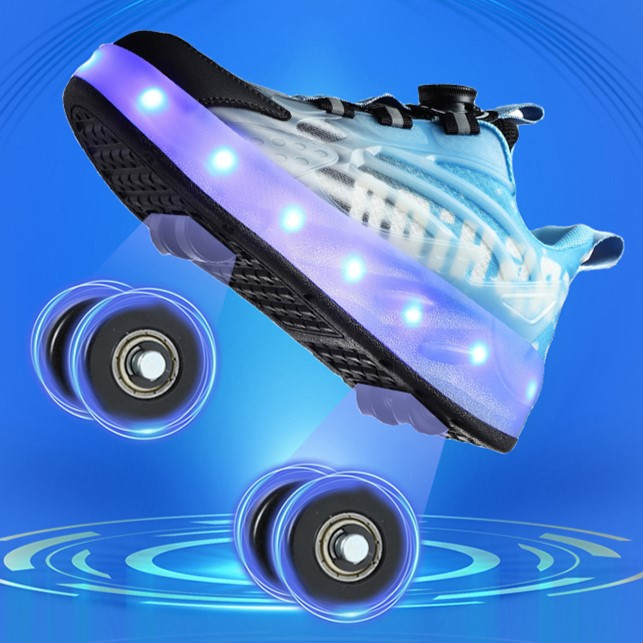 Стильные светящиеся роликовые кроссовки с 4 колесами и USB-зарядкой в черно-синем цвете (RKL-20) - фото 3 - id-p1254417690