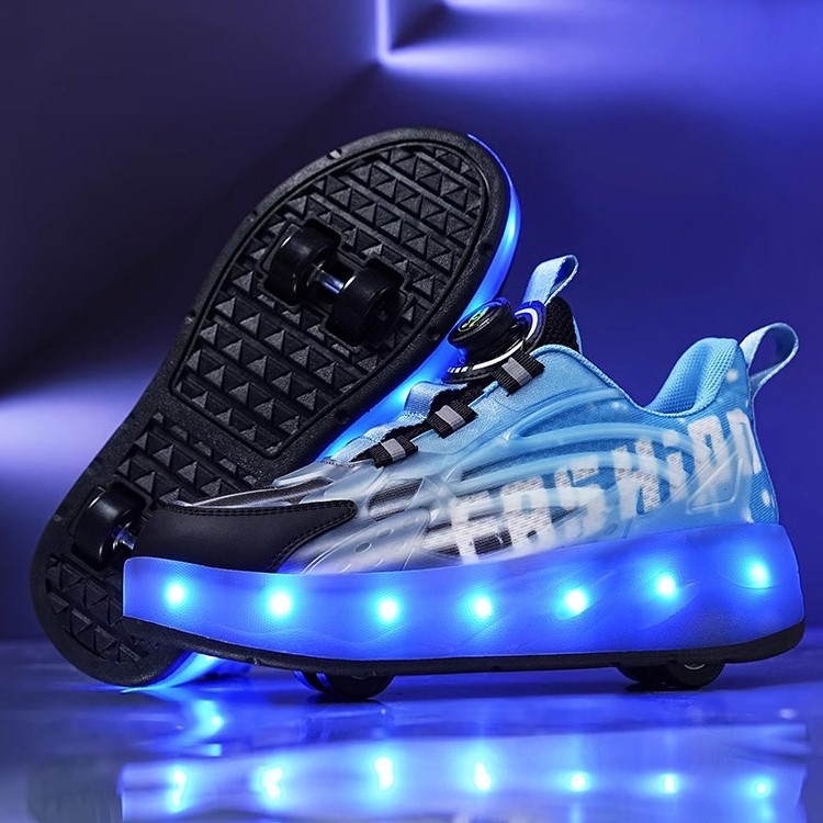 Стильные светящиеся роликовые кроссовки с 4 колесами и USB-зарядкой в черно-синем цвете (RKL-20) - фото 2 - id-p1254417690