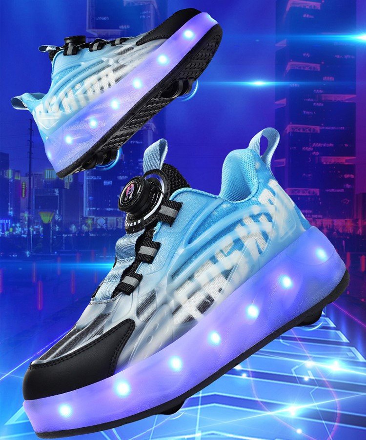 Стильные светящиеся роликовые кроссовки с 4 колесами и USB-зарядкой в черно-синем цвете (RKL-20) - фото 5 - id-p1254417690