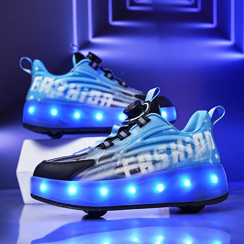 Стильные светящиеся роликовые кроссовки с 4 колесами и USB-зарядкой в черно-синем цвете (RKL-20) - фото 1 - id-p1254417690