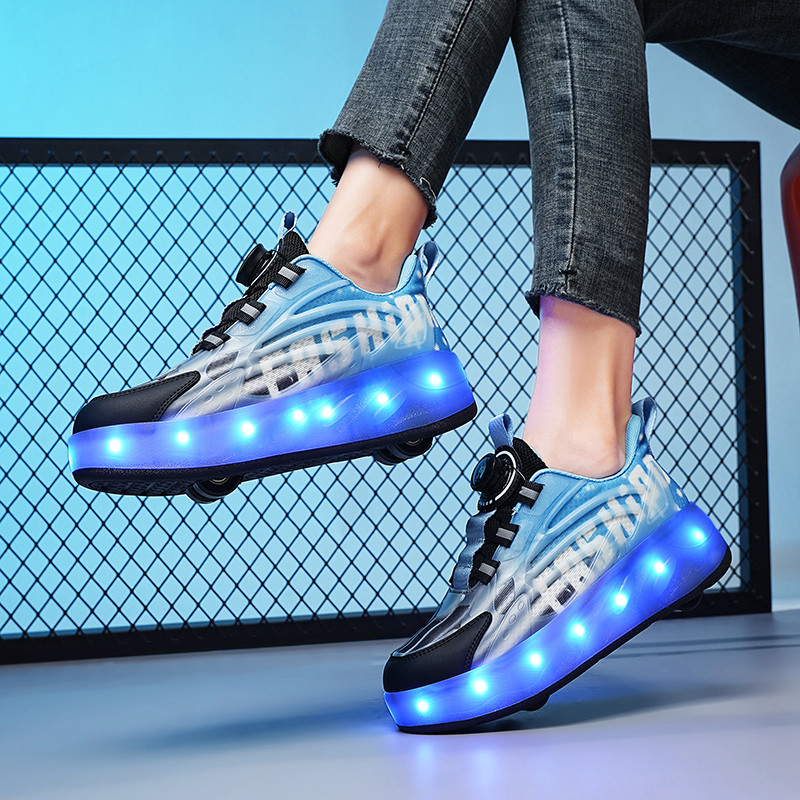 Стильные светящиеся роликовые кроссовки с 4 колесами и USB-зарядкой в черно-синем цвете (RKL-20) - фото 6 - id-p1254417690