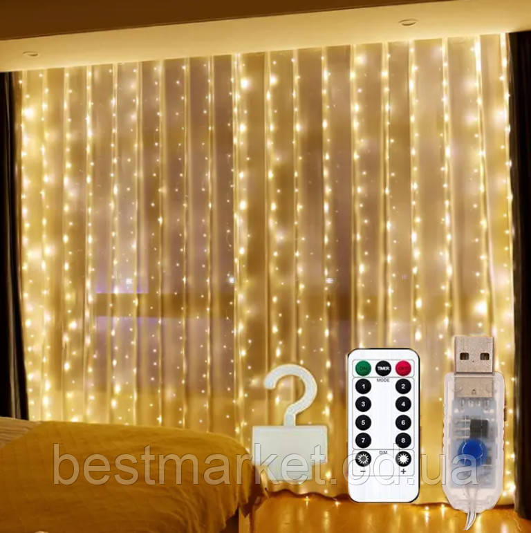 Гірлянда Штора на мідному дроті Крапля Роси 3 х 2 м Теплий Білий від USB + Пульт + Гачки