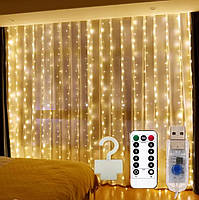 Гірлянда Штора на мідному дроті Крапля Роси 3 х 3 м Теплий Білий від USB + Пульт + Гачки
