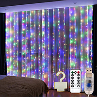 Гірлянда Штора на мідному дроті Крапля Роси 3 х 3 м Мульти від USB + Пульт + Гачки