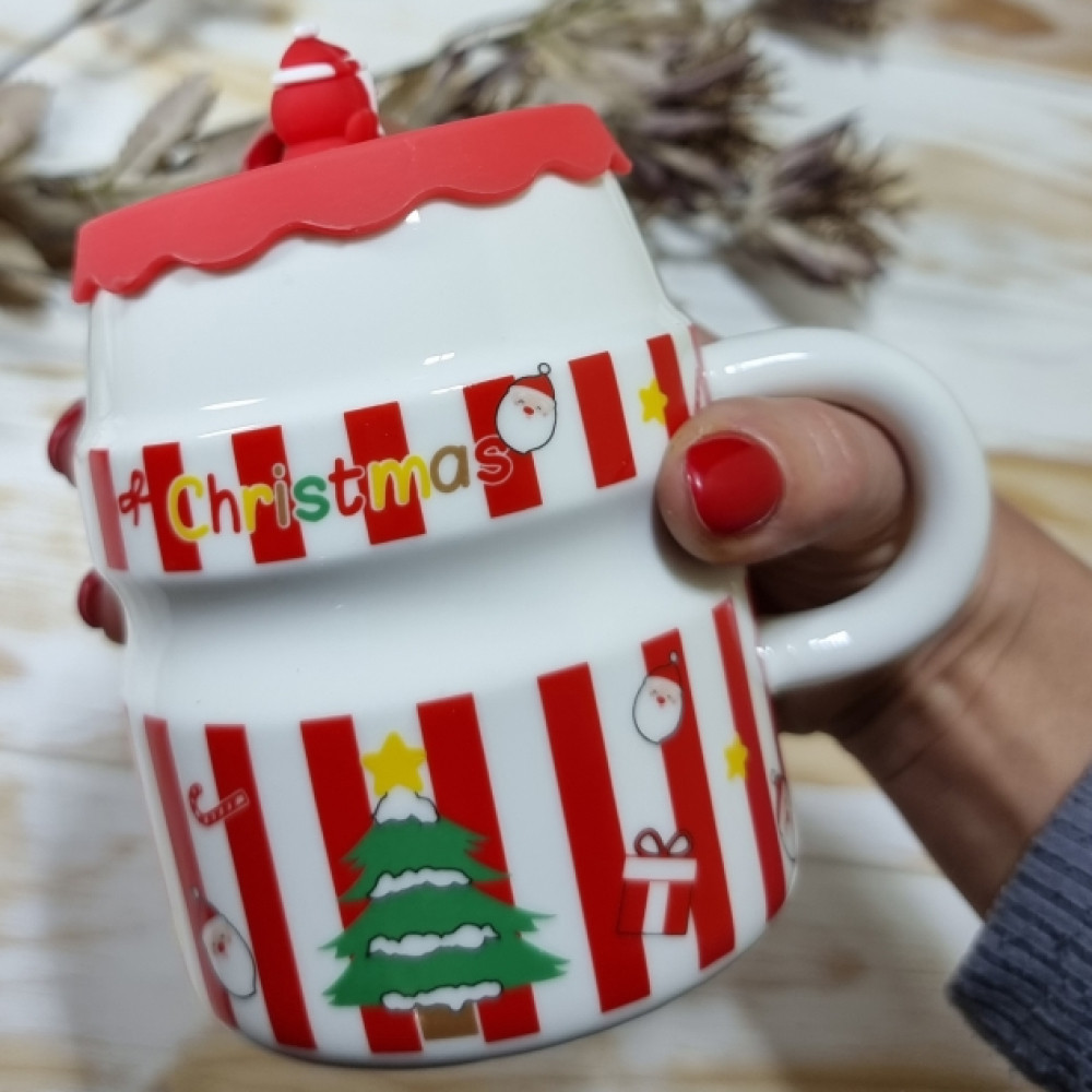 Керамічна чашка з кришкою "Новорічна Феєрія", 400мл Ялинка