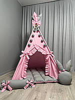 Вигвам детский розово-серый Зайка БОНБОН Полный комплект, детский вигвам, детская палатка, вигвам для девочки