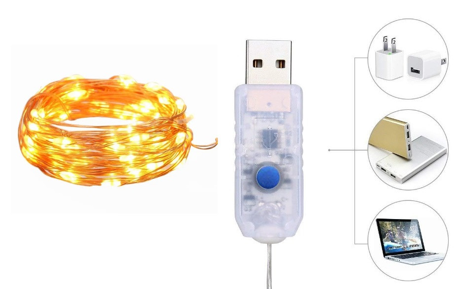 Світлодіодні гірлянди-вогники зі срібним дротом, 10 м, 100 LED, USB, тепле біле світло