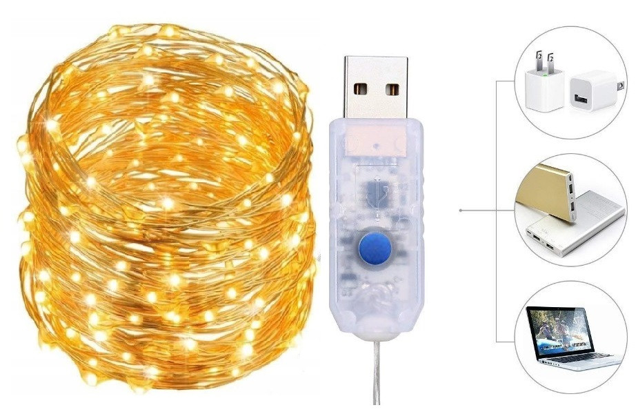 Світлодіодні гірлянди-вогники зі срібним дротом, 20 м, 200 LED, USB, тепле біле світло