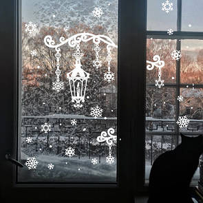 Вінілова інтер'єрна наклейка на Новий рік, Різдво "Зимовий ліхтарик плюс комплект сніжинок"