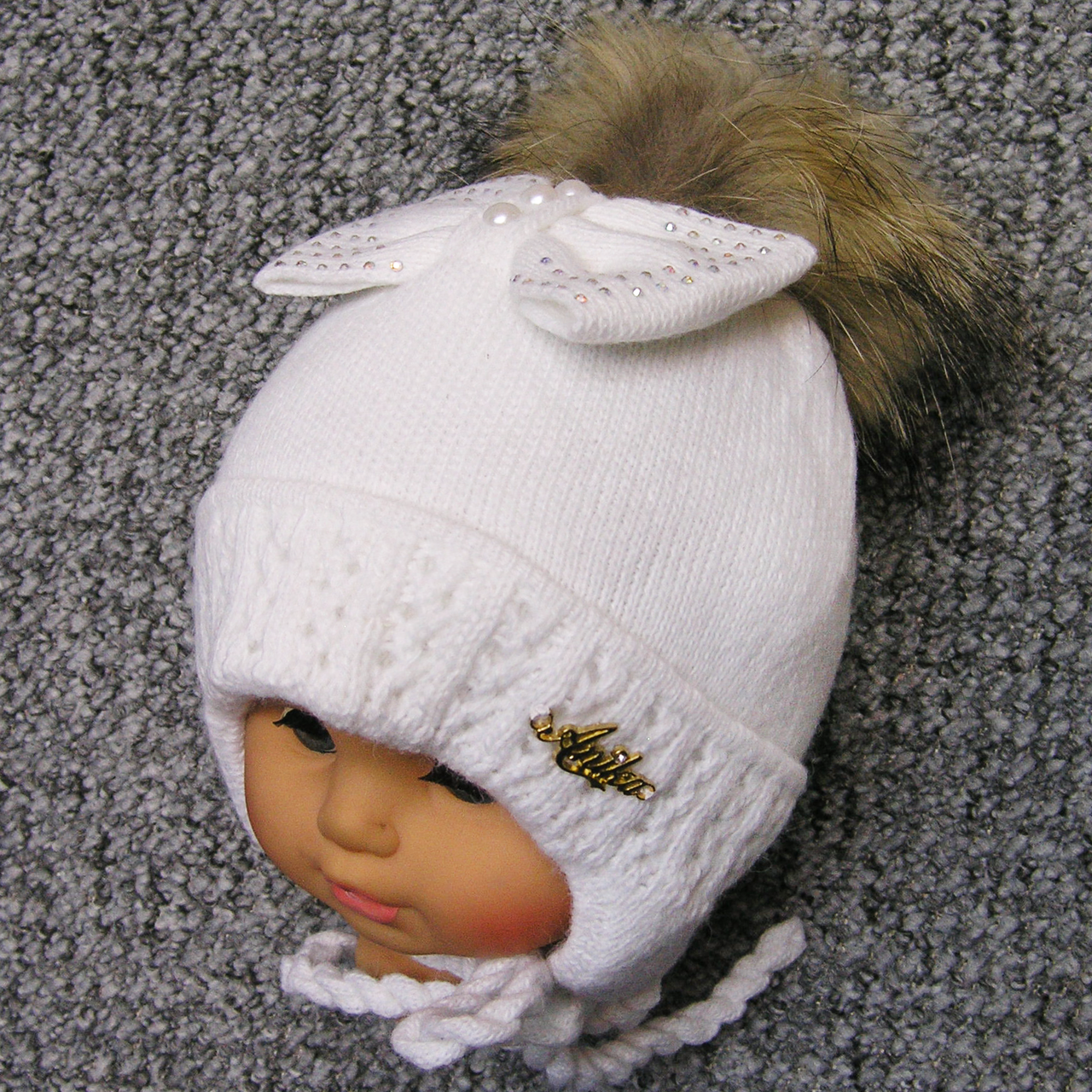 Вязана зимова на флісі р 44-46 8-12 міс шапка з помпоном з натурального хутра для дівчинки зима 4967 Білий 46