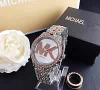 Женские часы Michael Kors качественные . Брендовые наручные часы с камнями золотистые серебристые Розовый с серебром