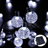 LED Гирлянда кристальный шар новый год, рождество 7 м, 50 лампочек 8 режимов, таймер, IP65 на солнечной панели
