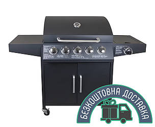 Газовий гриль на колесах із п'єзорозпалом, на 5 конфорок, термометром та ємністю для жиру  (садж, пікнік)