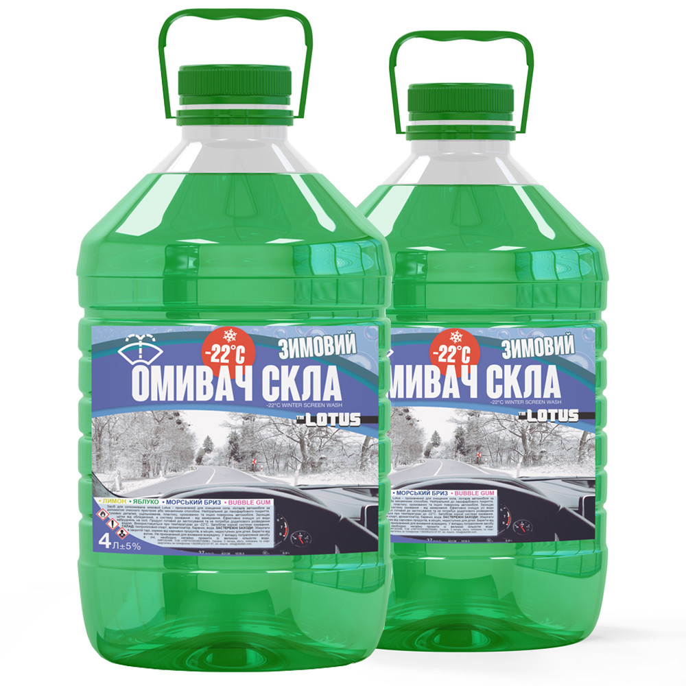 Lotus Омивач зимовий незамерзаючий -22°C Яблуко 8 л, комплект 2х4 л, для лобового скла авто, без розводів, чисті скла., фото 1