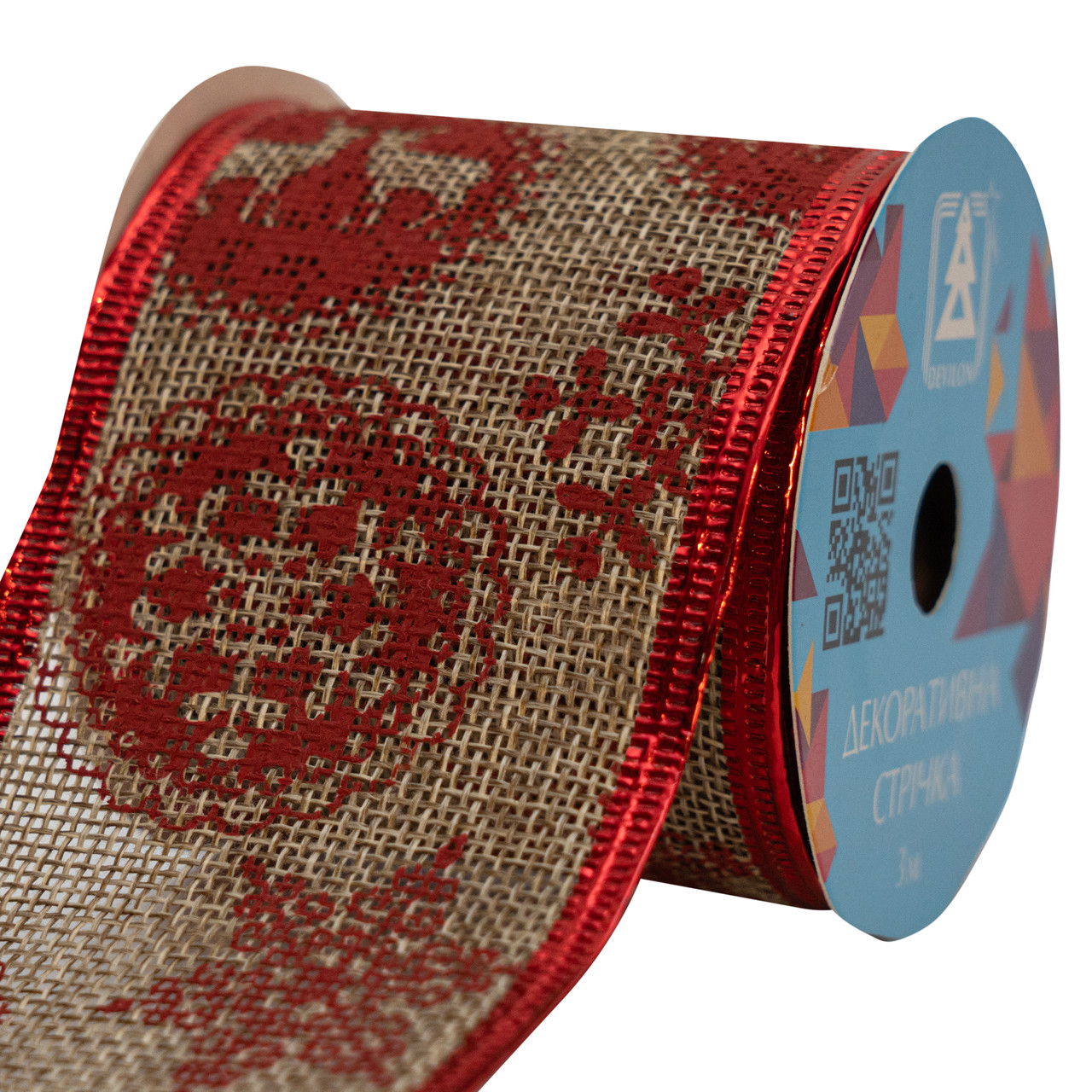 Декоративна стрічка в рулоні червона сніжинка та олень, 3 м, 6,3 см, поліестер (082628), фото 1